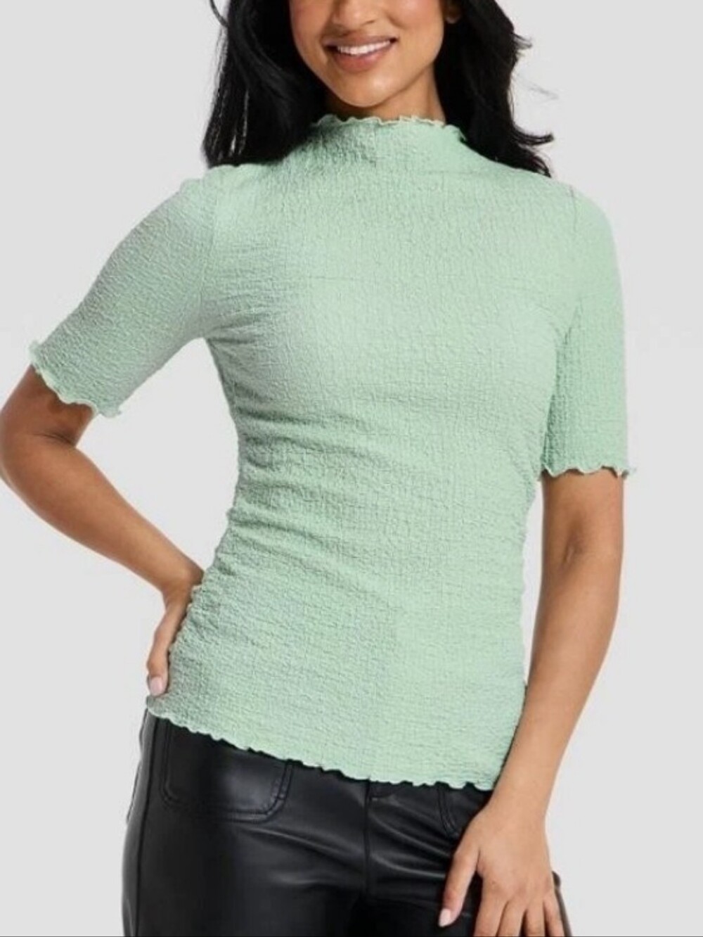a new day Light Sage Textured Mock Neck Short Sleeve Top Size Large NWT